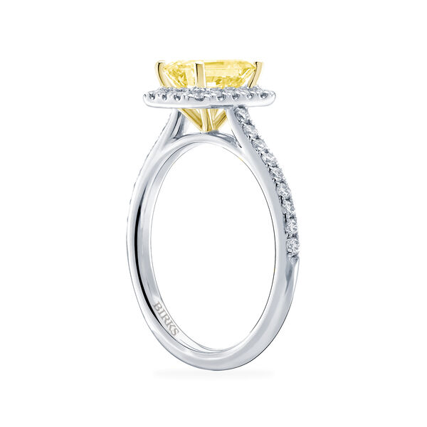 Emerald Cut Yellow Diamond Engagement Ring with Halo and White Gold Pav&eacute; Band